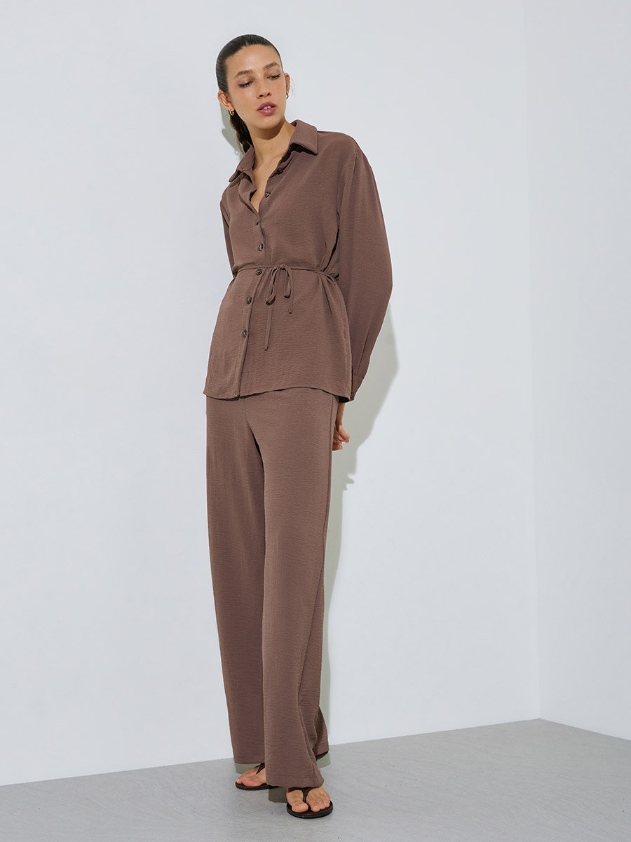 Brown Longline Shirt and Wide Leg Pants Co-Ord Set