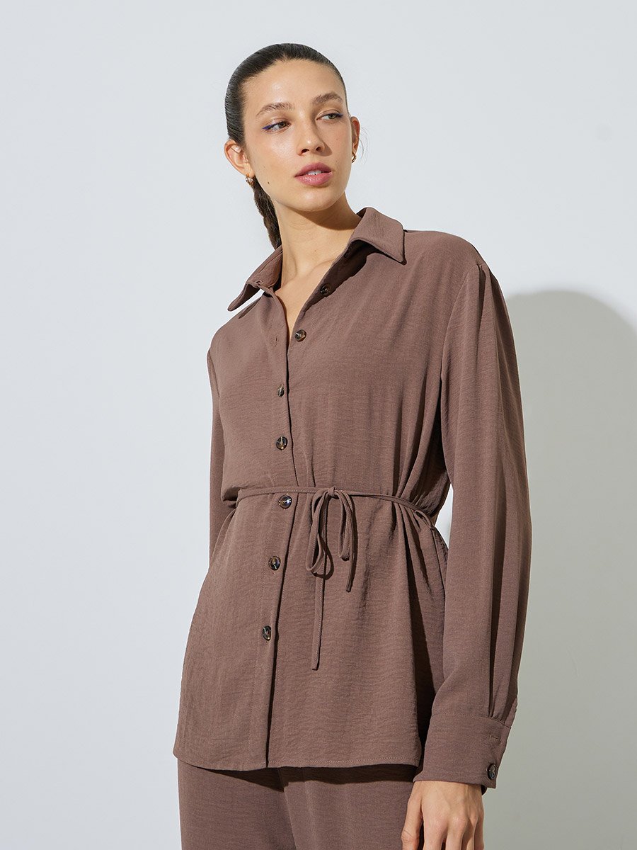 Brown Longline Shirt and Wide Leg Pants Co-Ord Set