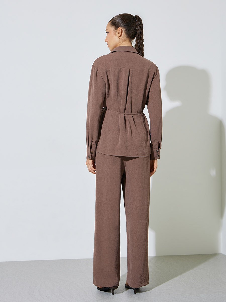 Brown Longline Shirt and Wide Leg Pants Co-Ord Set