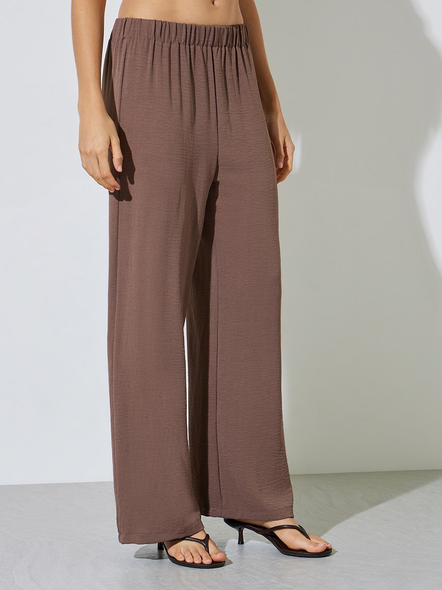 Brown Longline Shirt and Wide Leg Pants Co-Ord Set