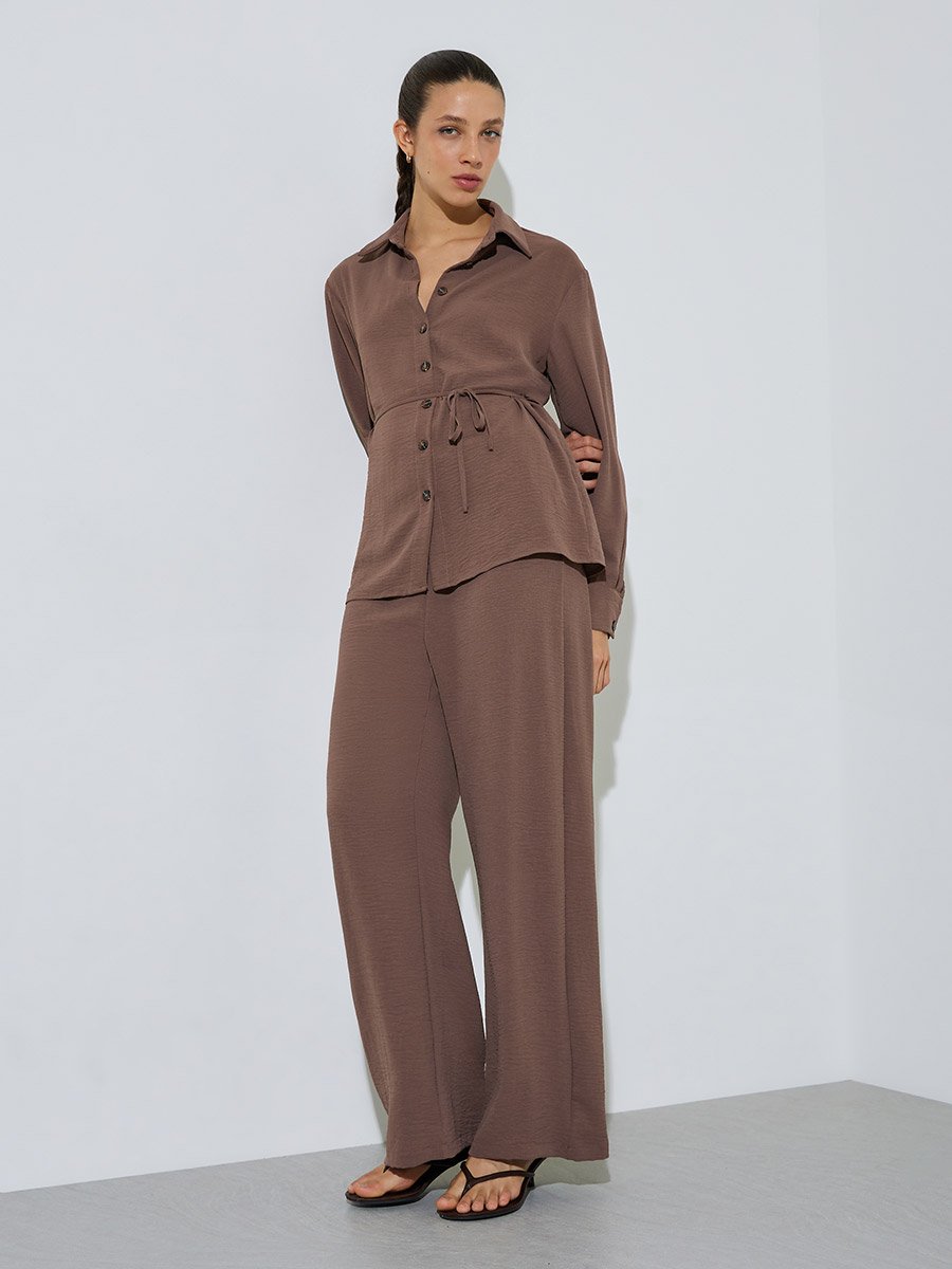 Brown Longline Shirt and Wide Leg Pants Co-Ord Set