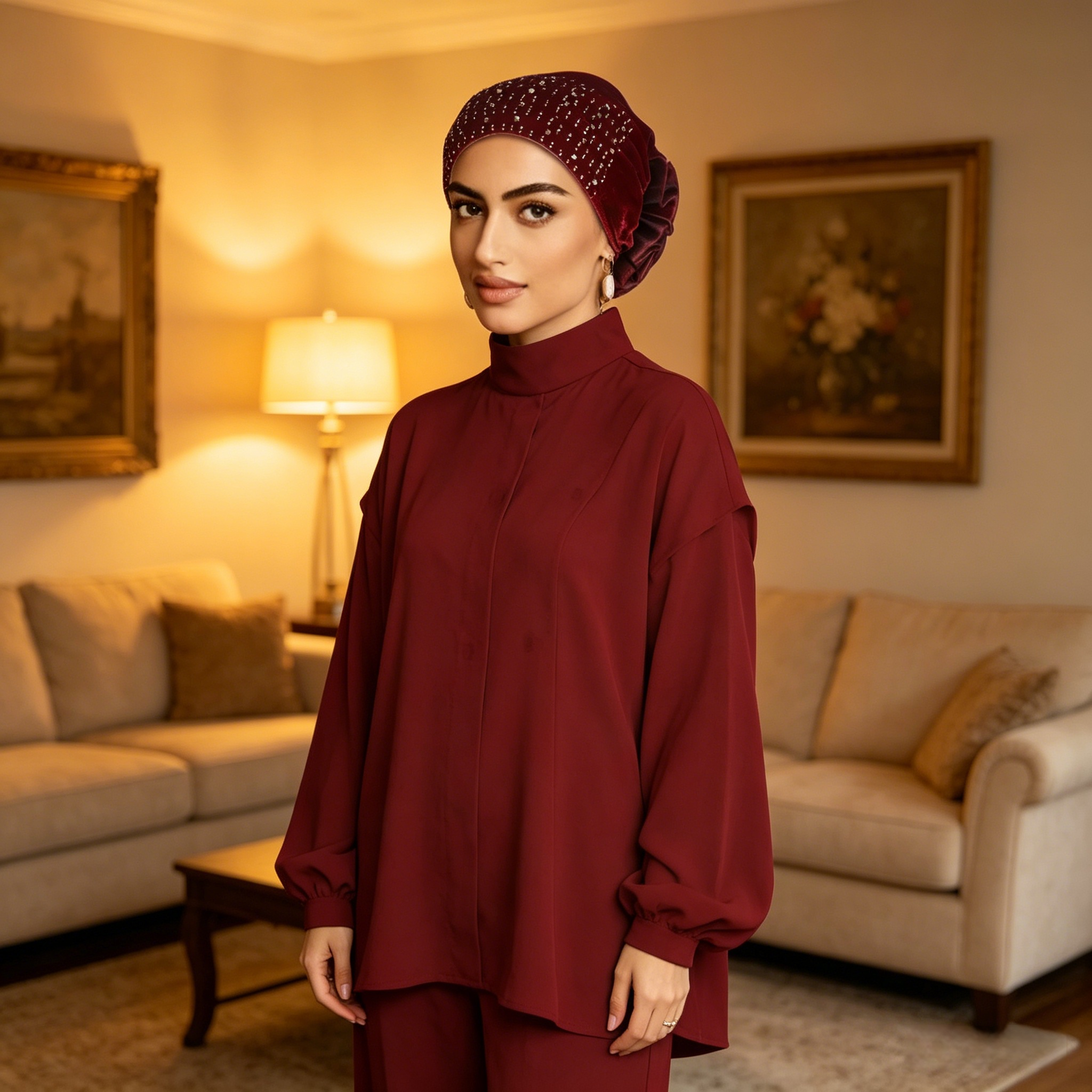 Velvet Burgundy Turban Hijab with Embellishments