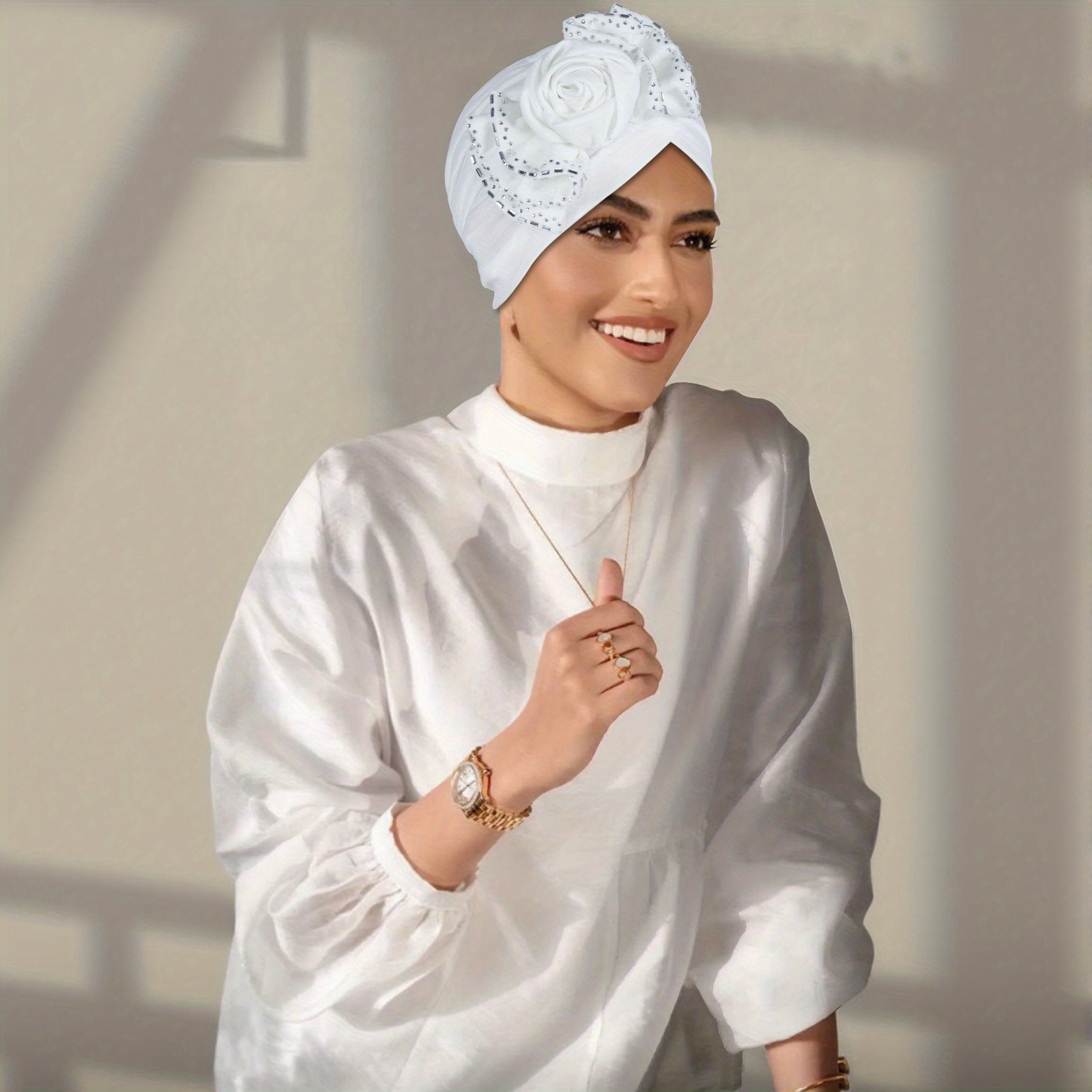 White Plain Turban Hijab with Embellished Rose Design