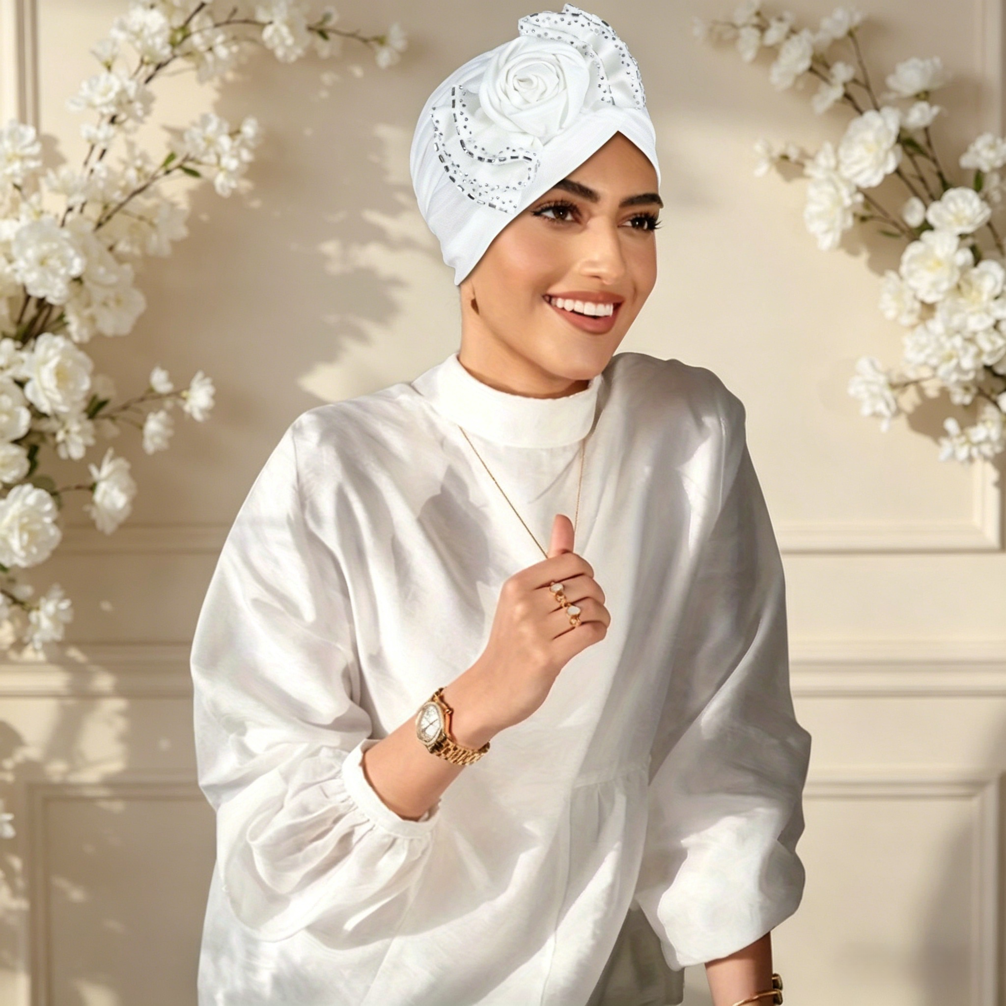 White Plain Turban Hijab with Embellished Rose Design