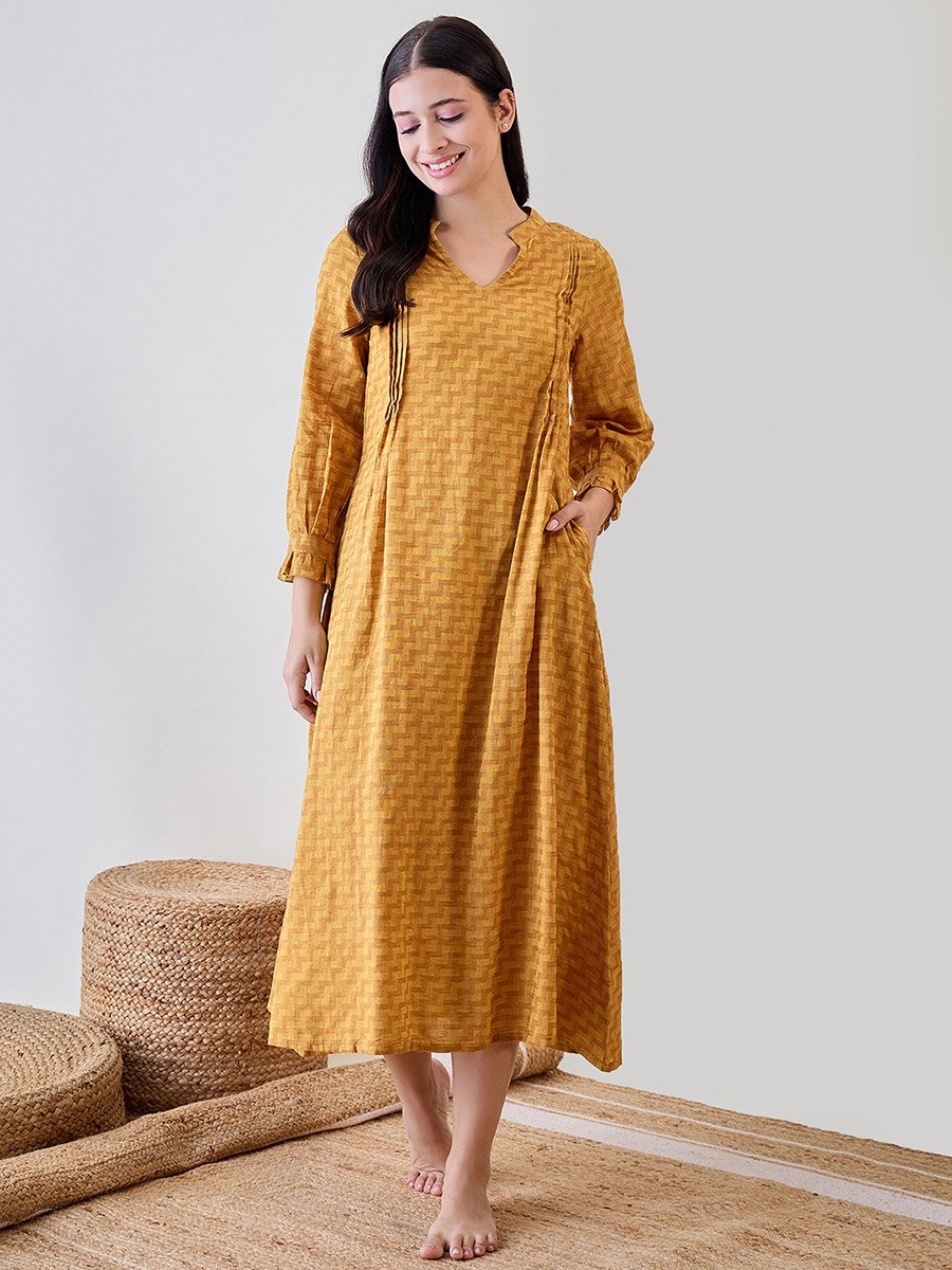 Mustard Zigzag Print Cotton Nightdress