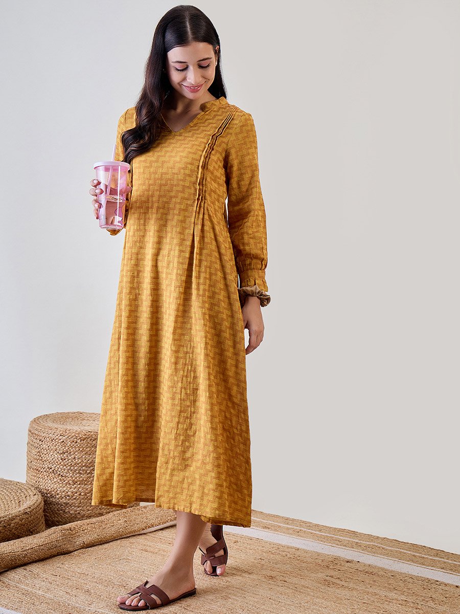 Mustard Zigzag Print Cotton Nightdress