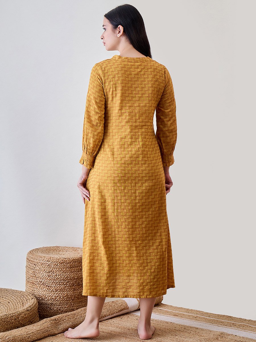 Mustard Zigzag Print Cotton Nightdress