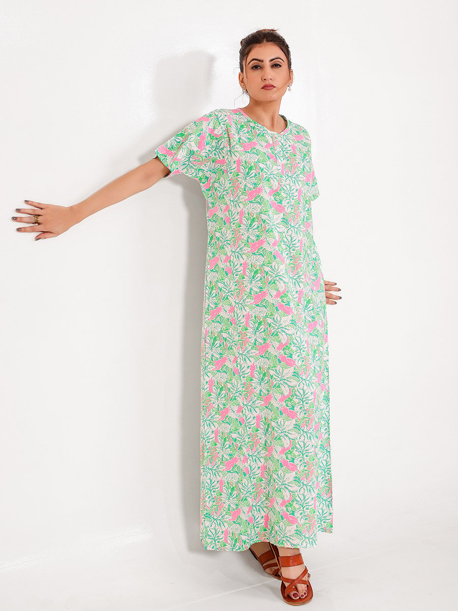 Green Cotton Floral Nightdress with Pockets