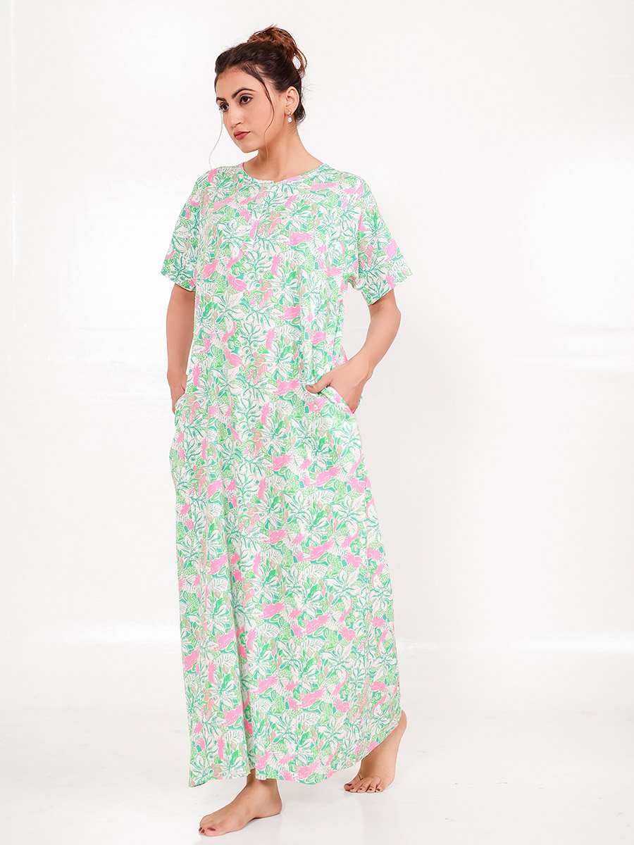 Green Cotton Floral Nightdress with Pockets