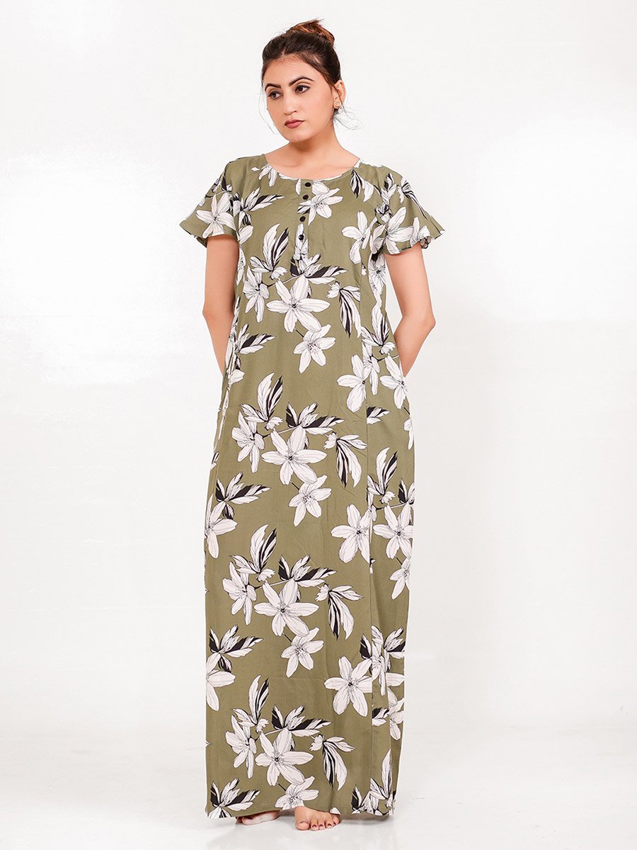 Olive Floral Viscose Rayon Nightdress with Pocket