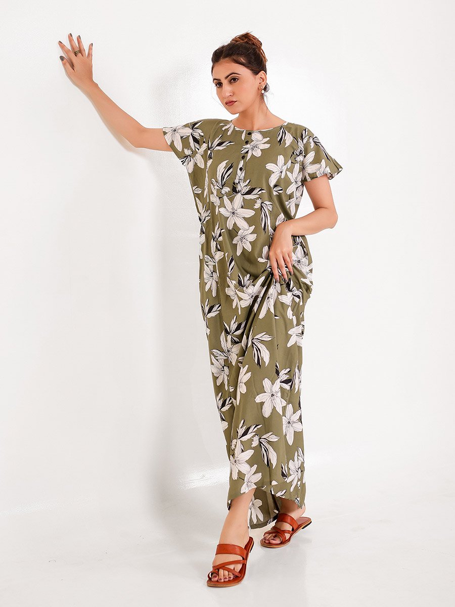 Olive Floral Viscose Rayon Nightdress with Pocket
