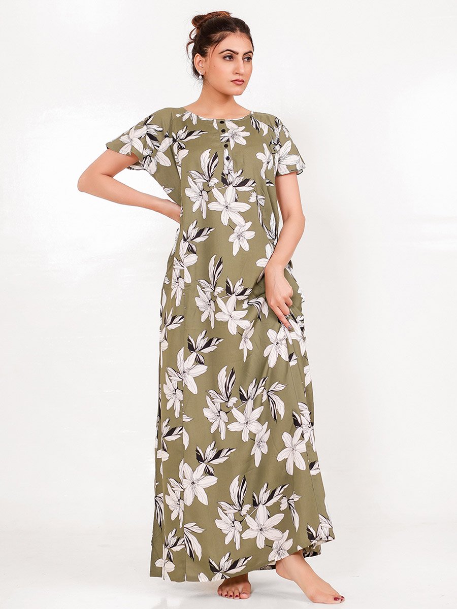 Olive Floral Viscose Rayon Nightdress with Pocket