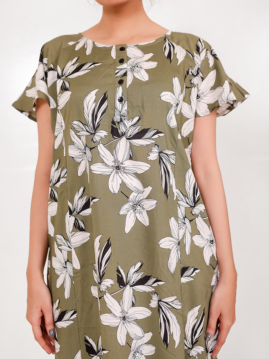 Olive Floral Viscose Rayon Nightdress with Pocket