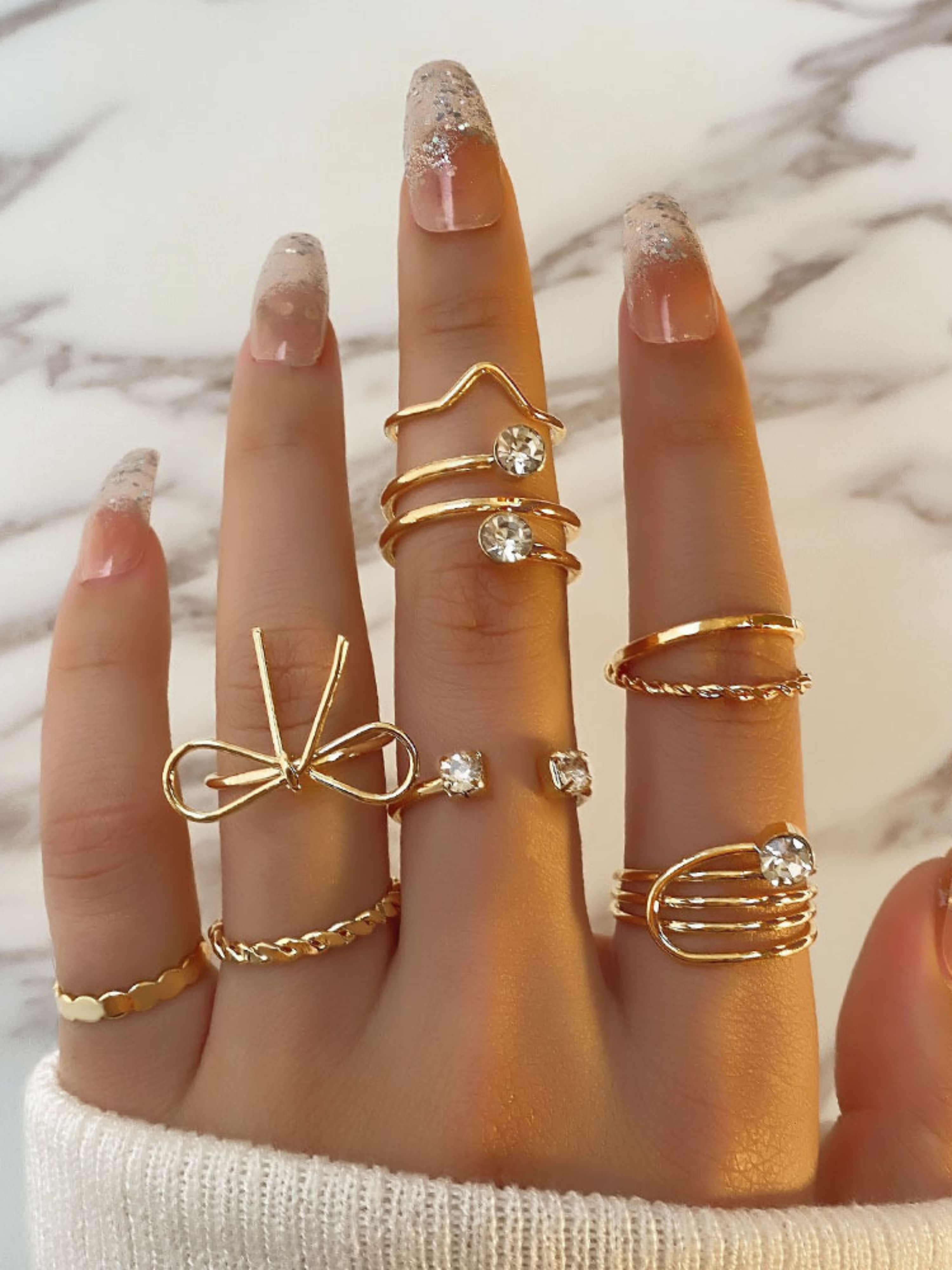 Pack of 8 - Gold Tone Rhinestone Embellished Rings