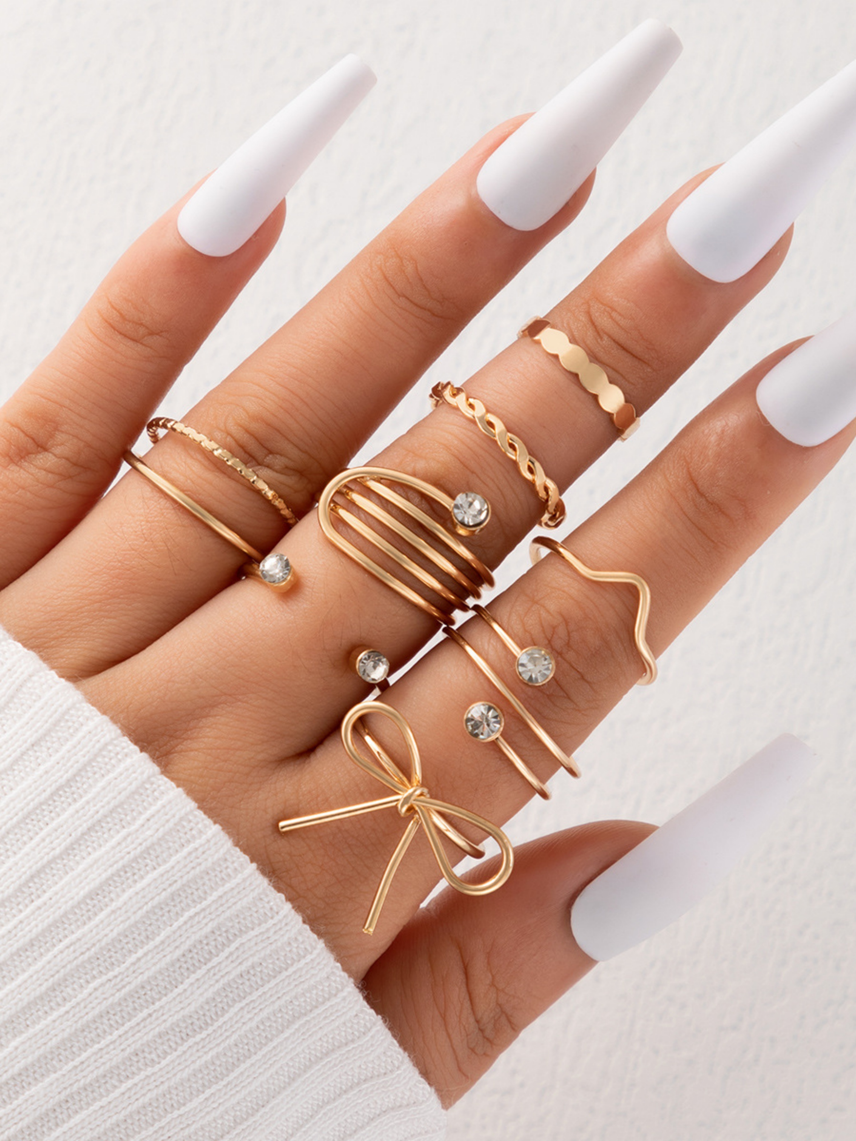 Pack of 8 - Gold Tone Rhinestone Embellished Rings