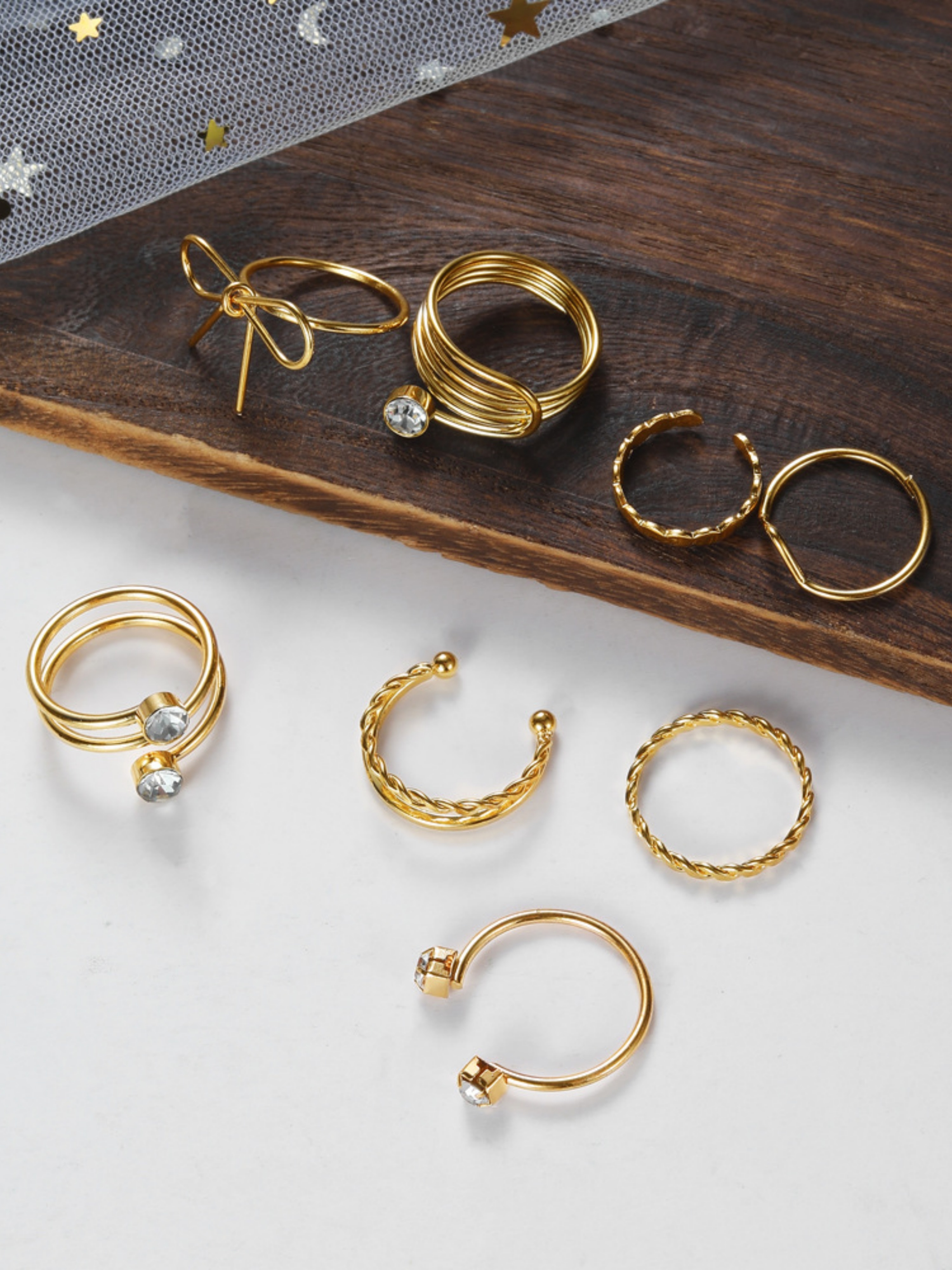 Pack of 8 - Gold Tone Rhinestone Embellished Rings