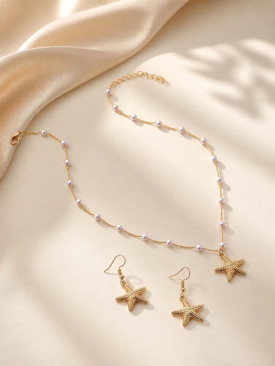 Gold Starfish Necklace and Earrings Set