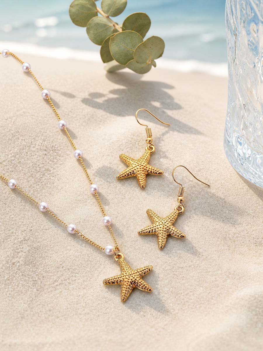 Gold Starfish Necklace and Earrings Set