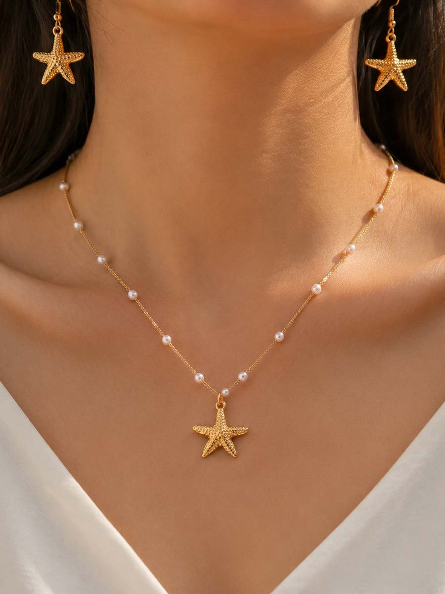 Gold Starfish Necklace and Earrings Set