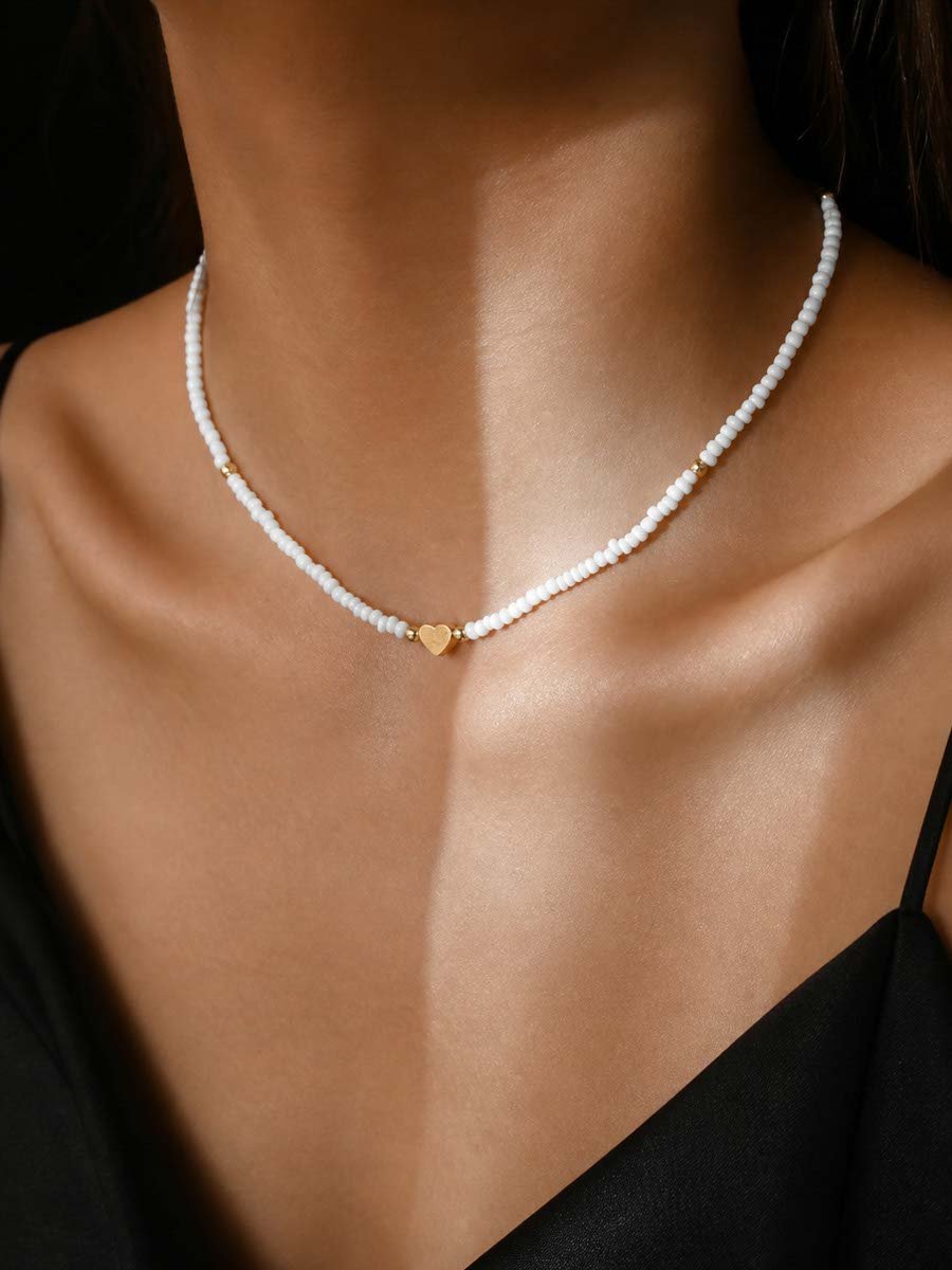 Heart Charm White Beaded Choker Necklace