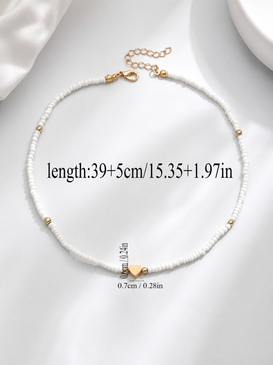 Heart Charm White Beaded Choker Necklace