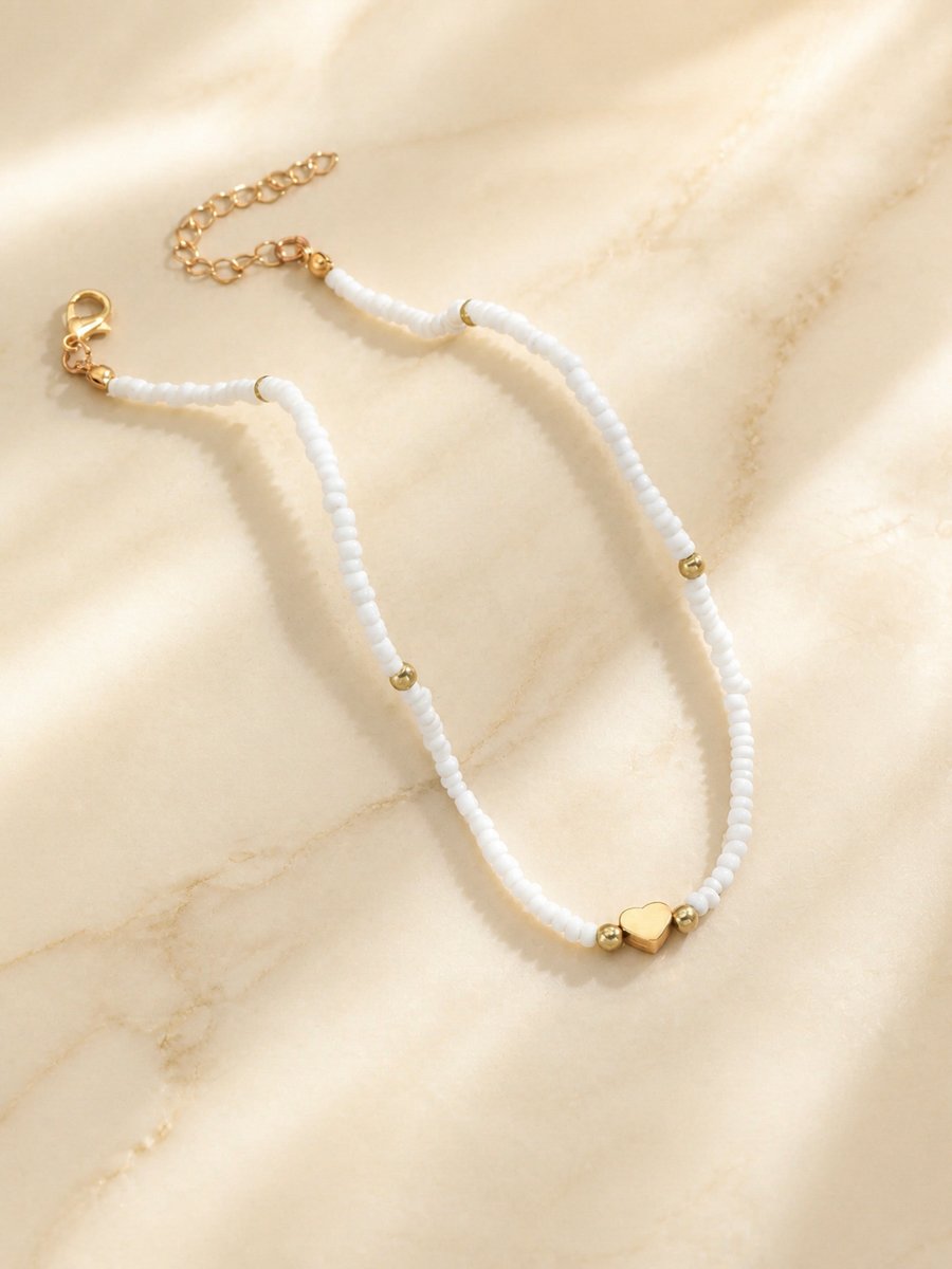 Heart Charm White Beaded Choker Necklace