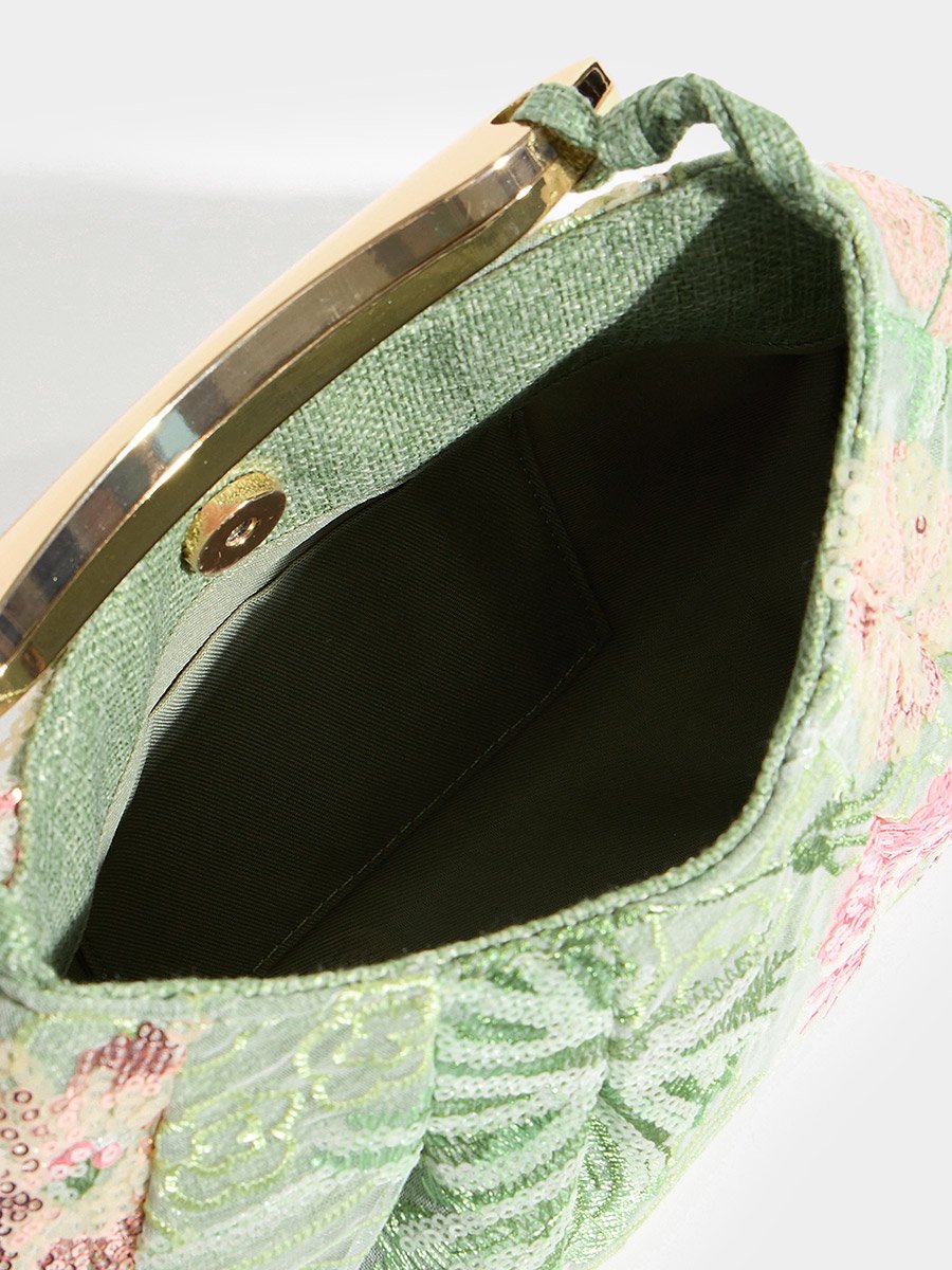 شنطة يد صغيرة مزينة بالترتر والزهور بمقبض شريطي
