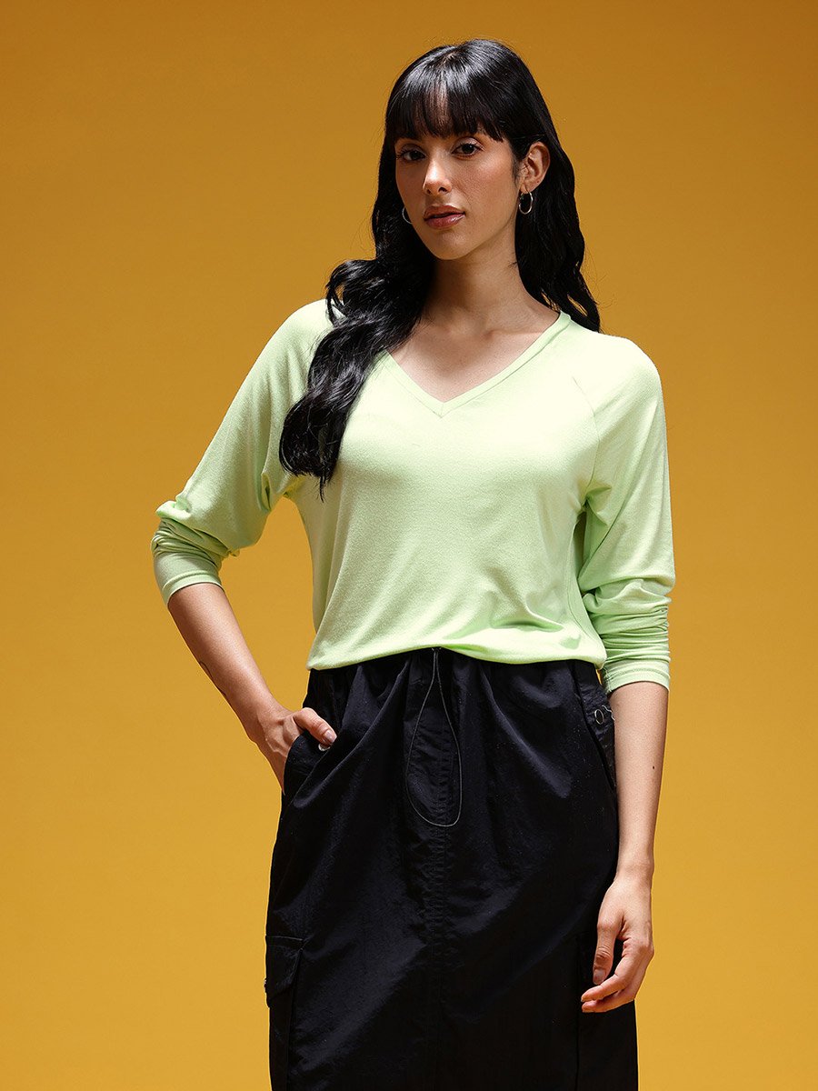 Neon Green Solid V Neck Top