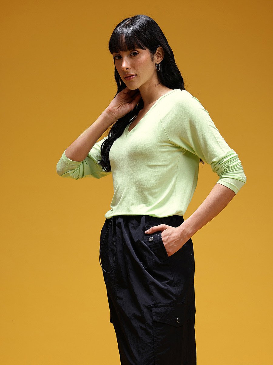 Neon Green Solid V Neck Top
