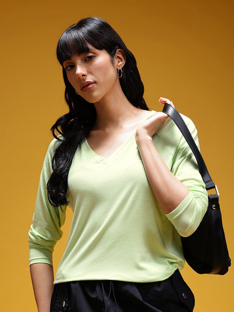 Neon Green Solid V Neck Top