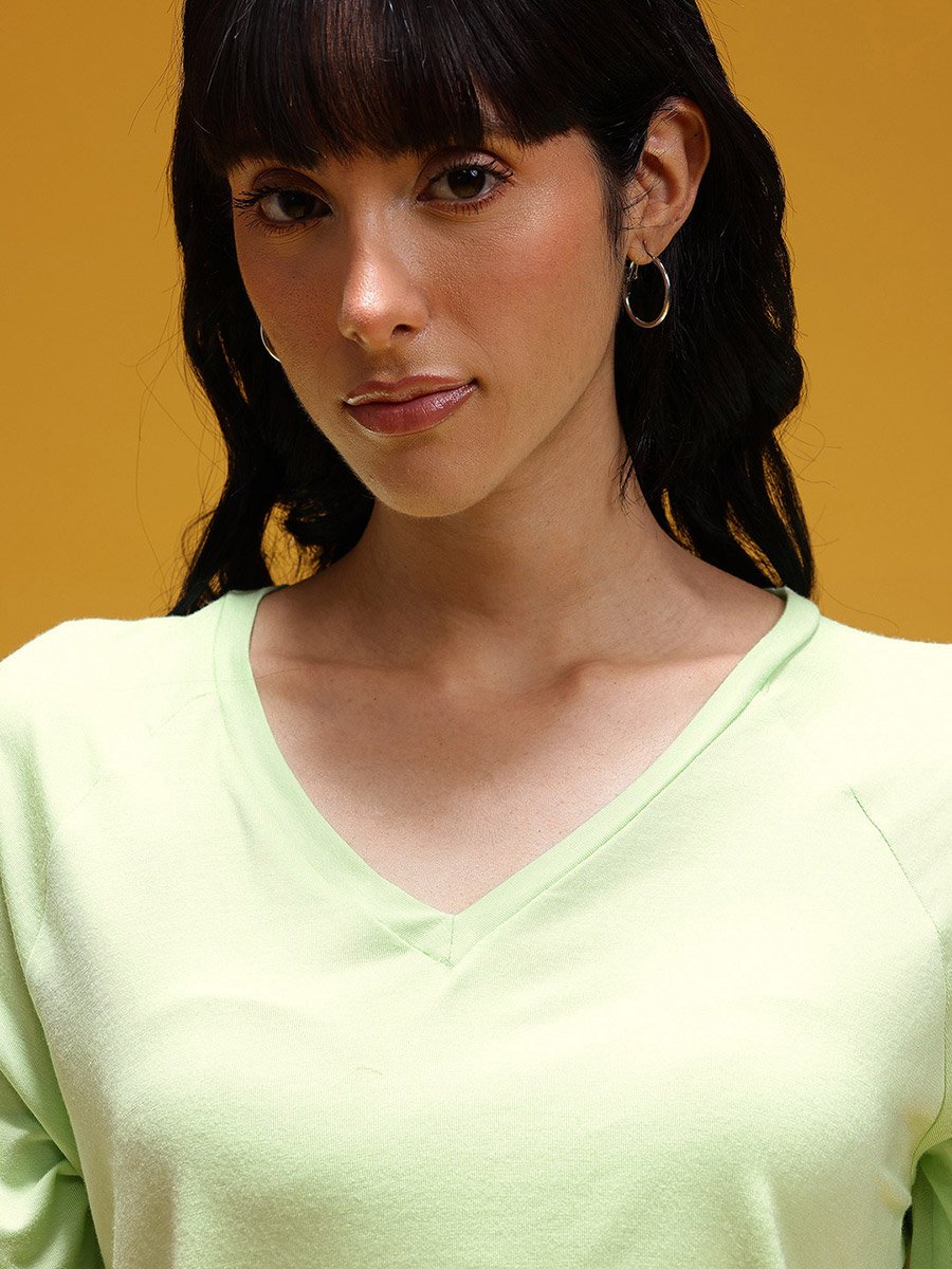 Neon Green Solid V Neck Top