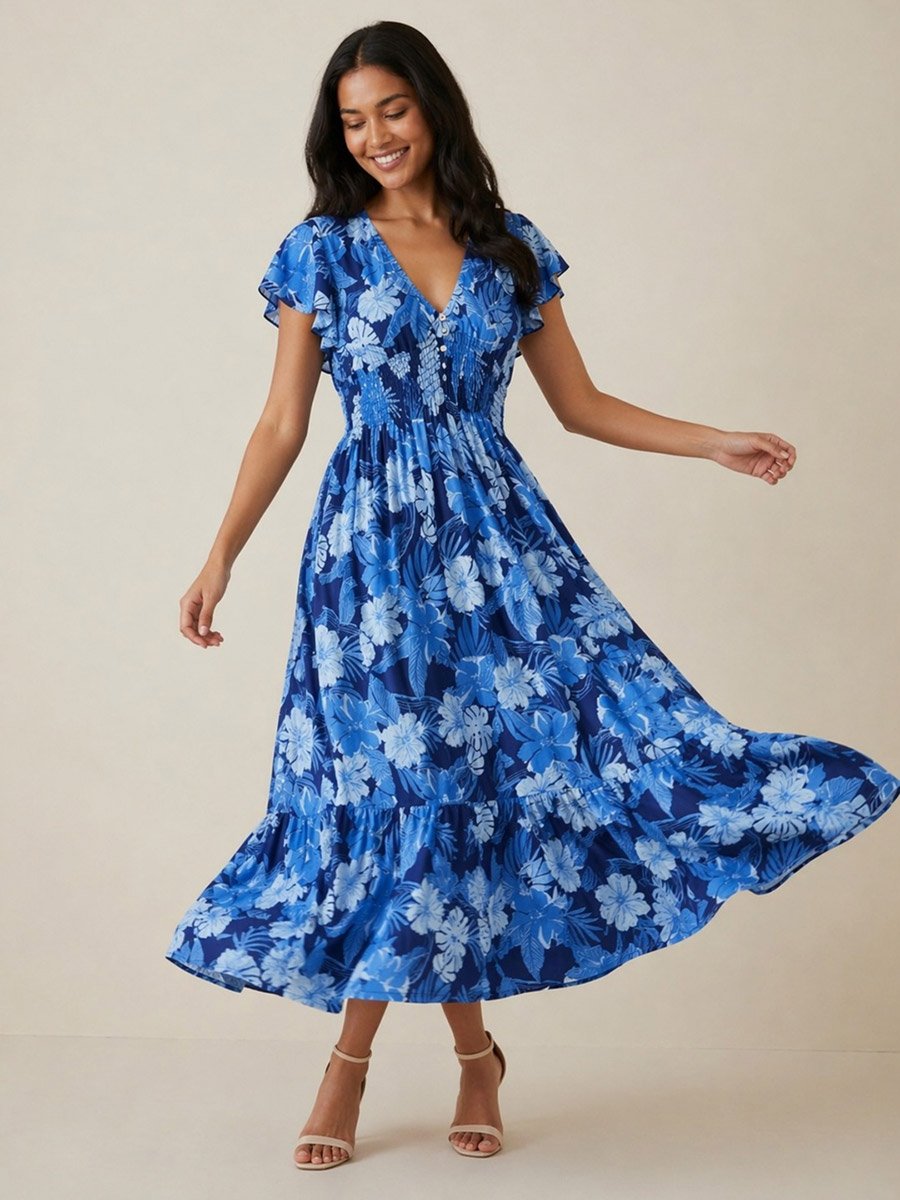 Blue Floral Tropical Print A-Line Midi Dress