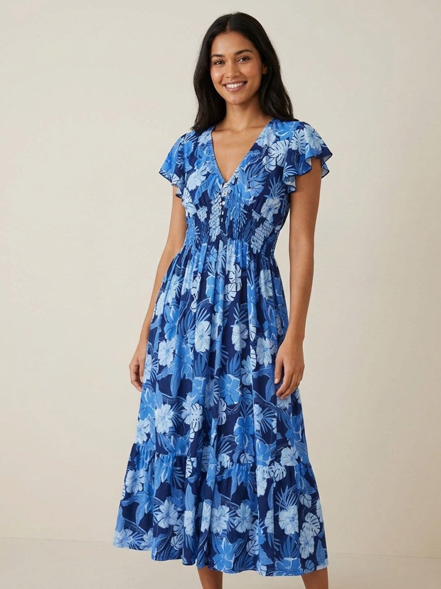 Blue Floral Tropical Print A-Line Midi Dress
