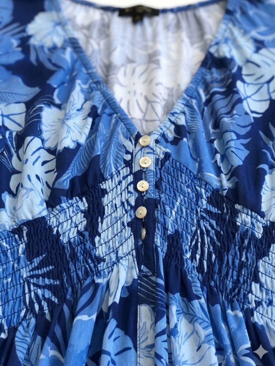 Blue Floral Tropical Print A-Line Midi Dress