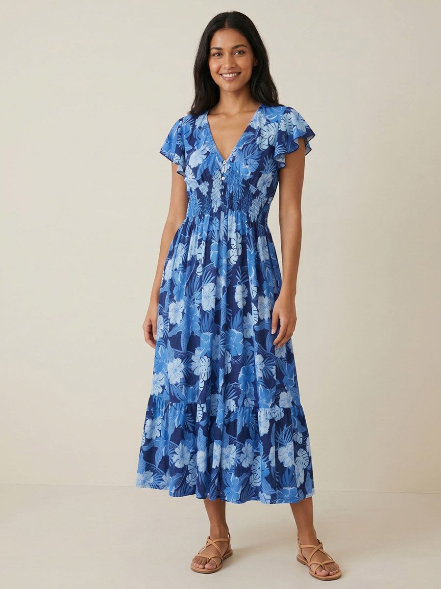 Blue Floral Tropical Print A-Line Midi Dress