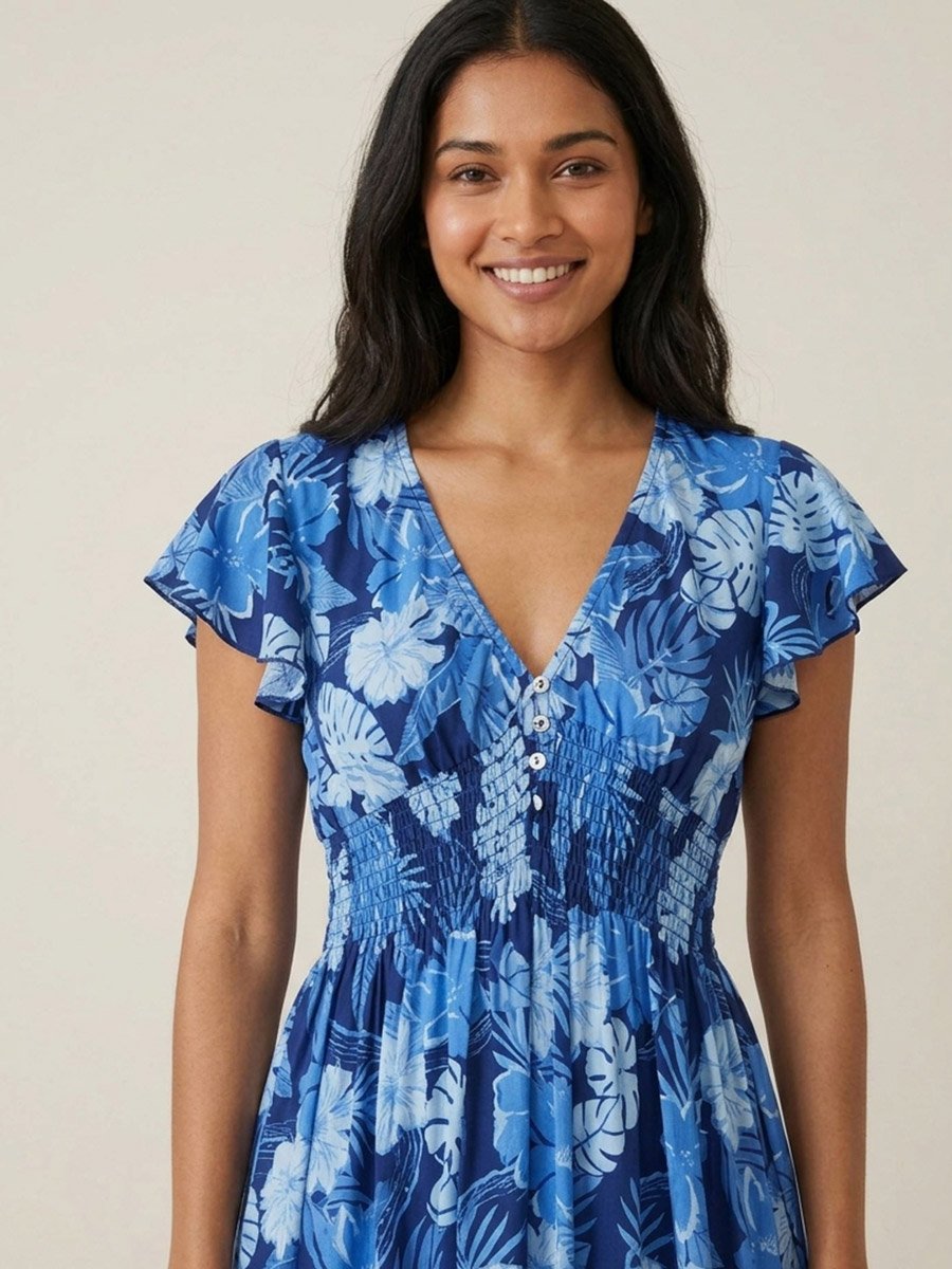 Blue Floral Tropical Print A-Line Midi Dress