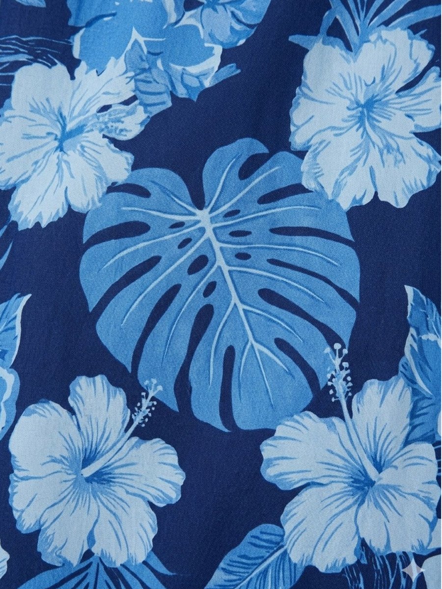 Blue Floral Tropical Print A-Line Midi Dress