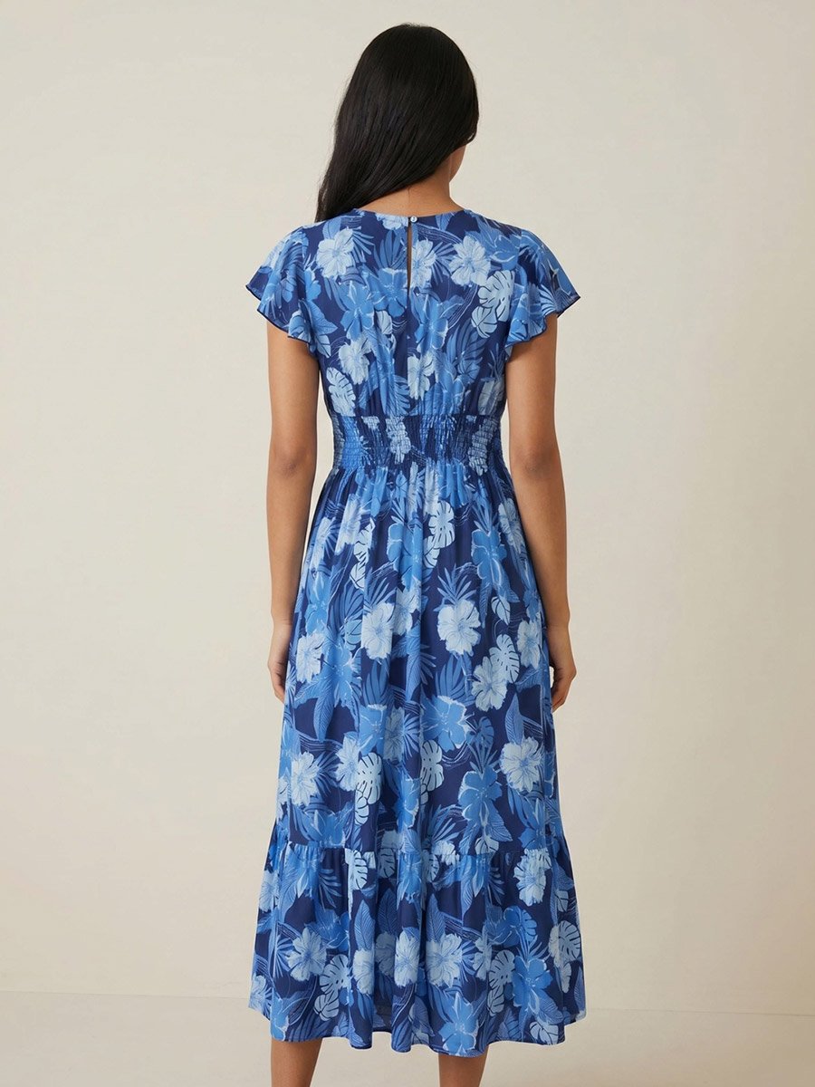 Blue Floral Tropical Print A-Line Midi Dress