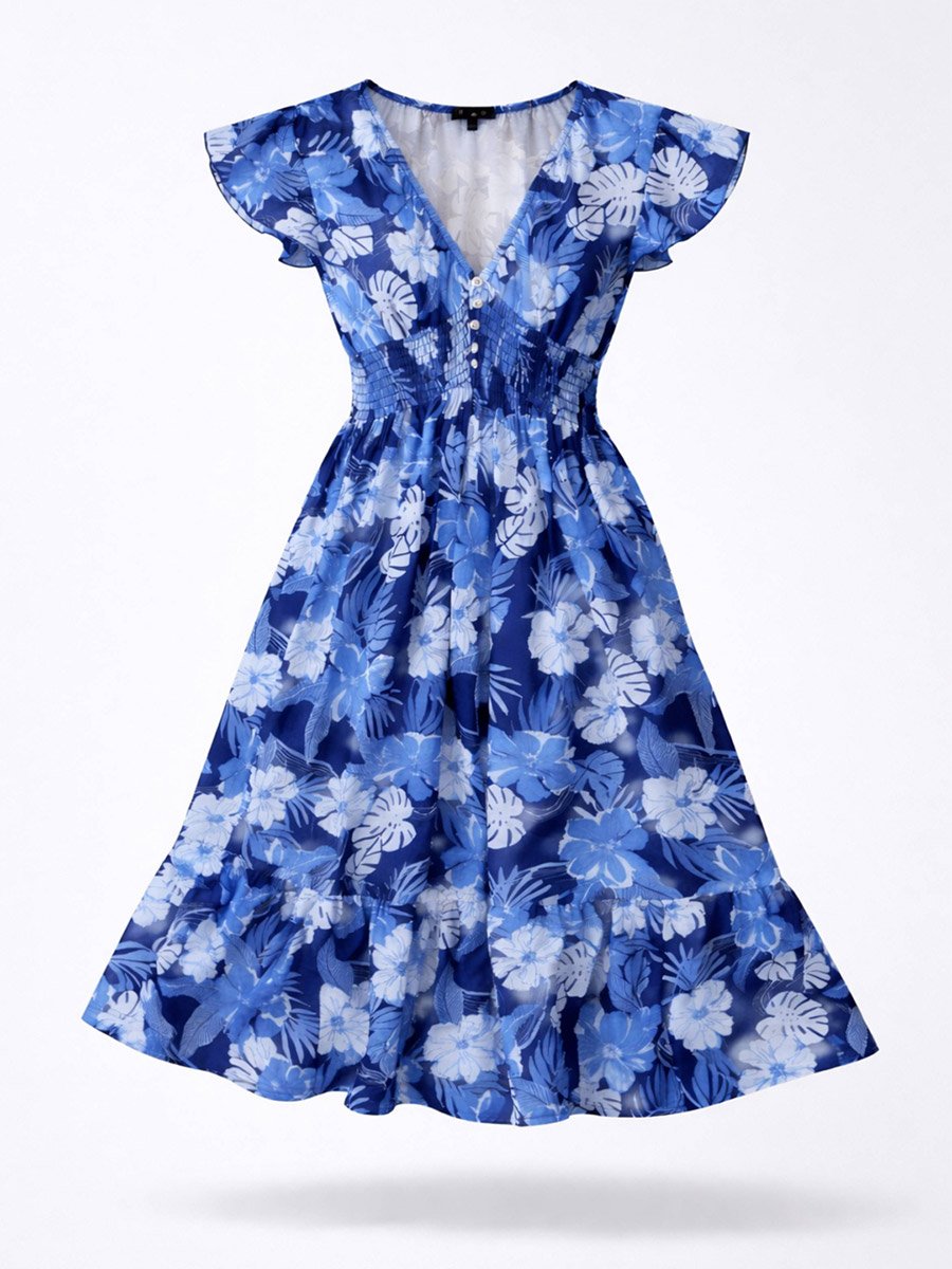 Blue Floral Tropical Print A-Line Midi Dress