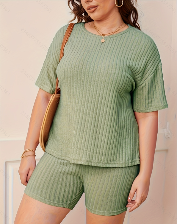 Plus Size Green Ribbed Short Sleeve Top and Shorts Pyjama Set