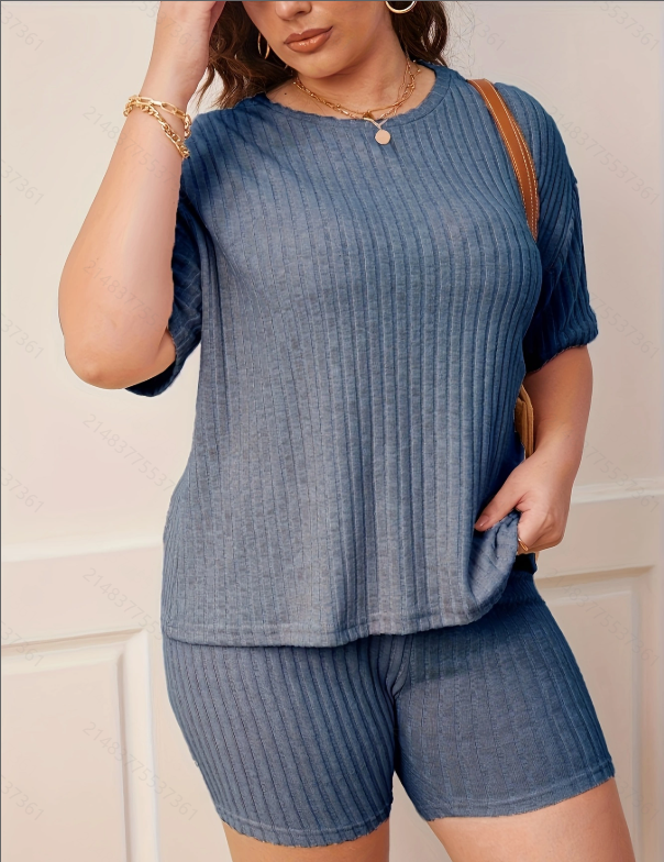 Plus Size Blue Ribbed Short Sleeve Top and Shorts Pyjama Set