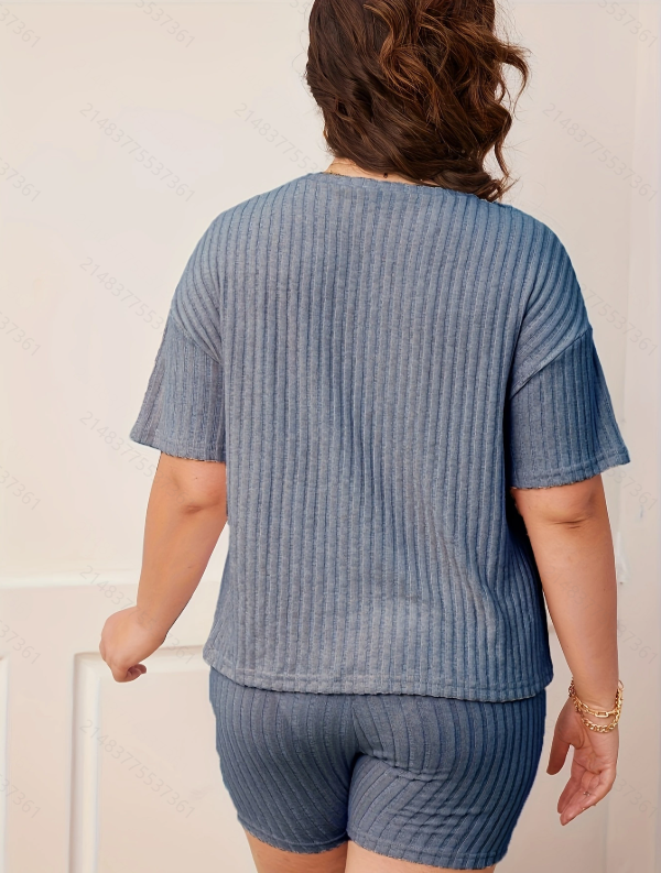 Plus Size Blue Ribbed Short Sleeve Top and Shorts Pyjama Set