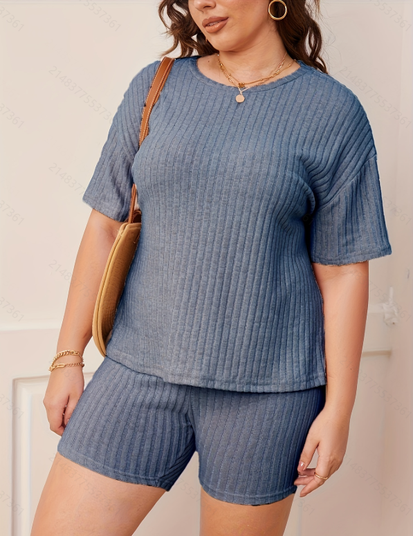 Plus Size Blue Ribbed Short Sleeve Top and Shorts Pyjama Set