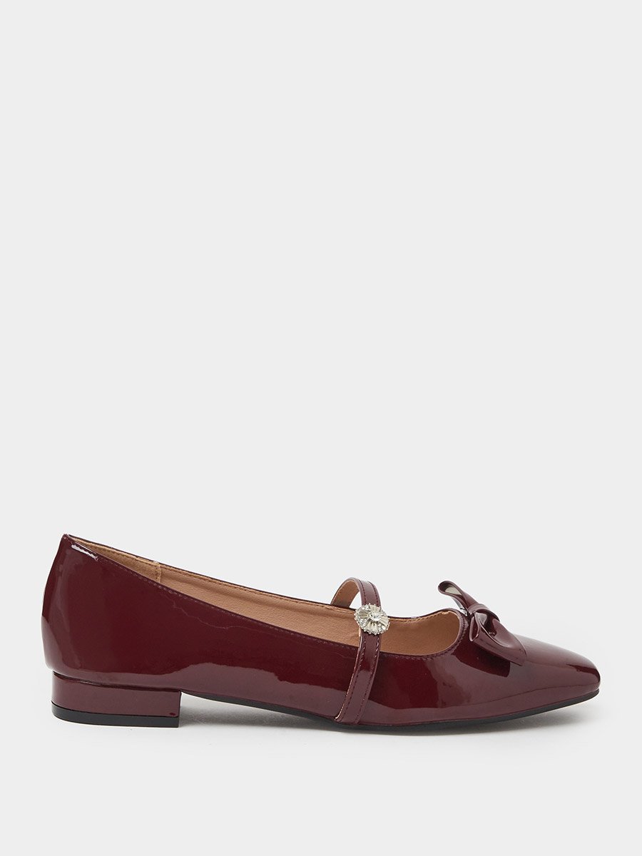 Burgundy Patent Ballerina Flats with Diamante Strap and Bow Detail