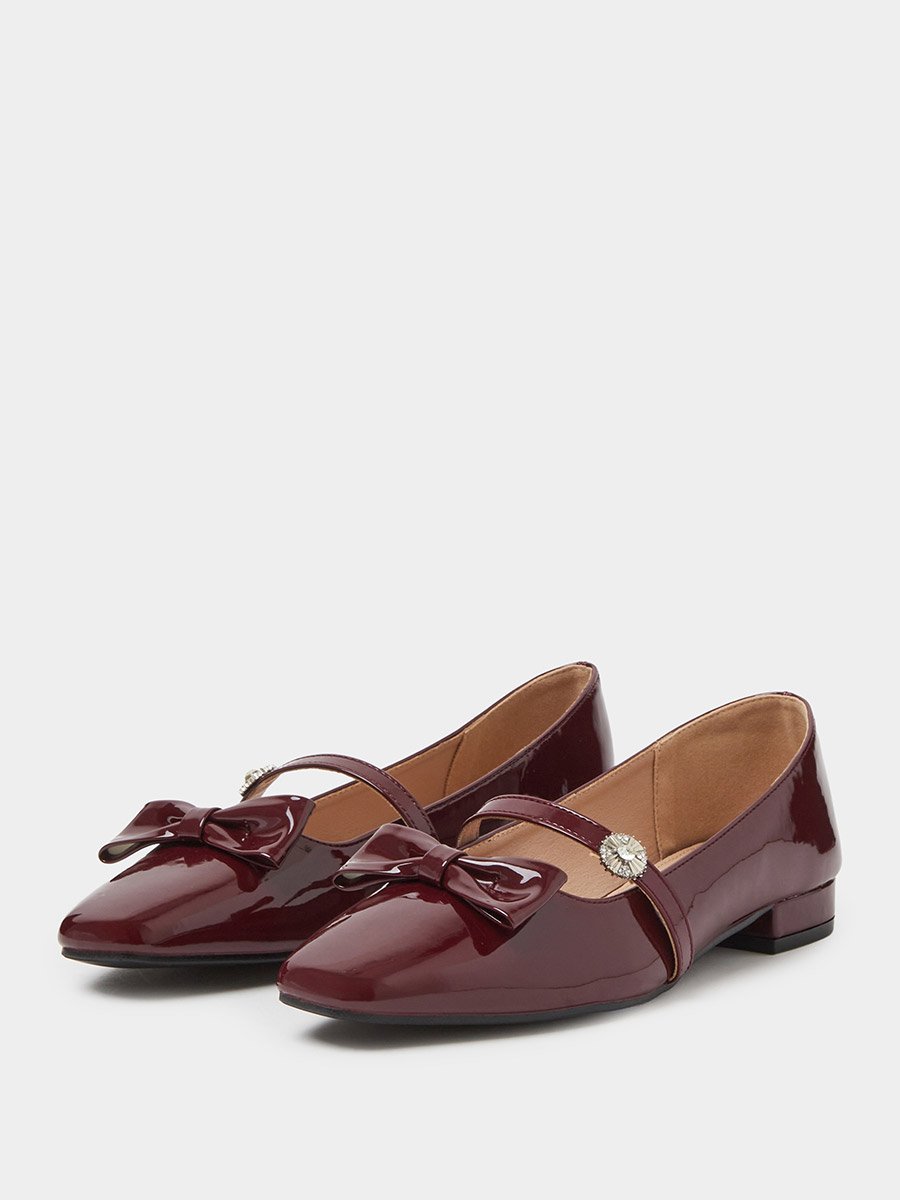 Burgundy Patent Ballerina Flats with Diamante Strap and Bow Detail