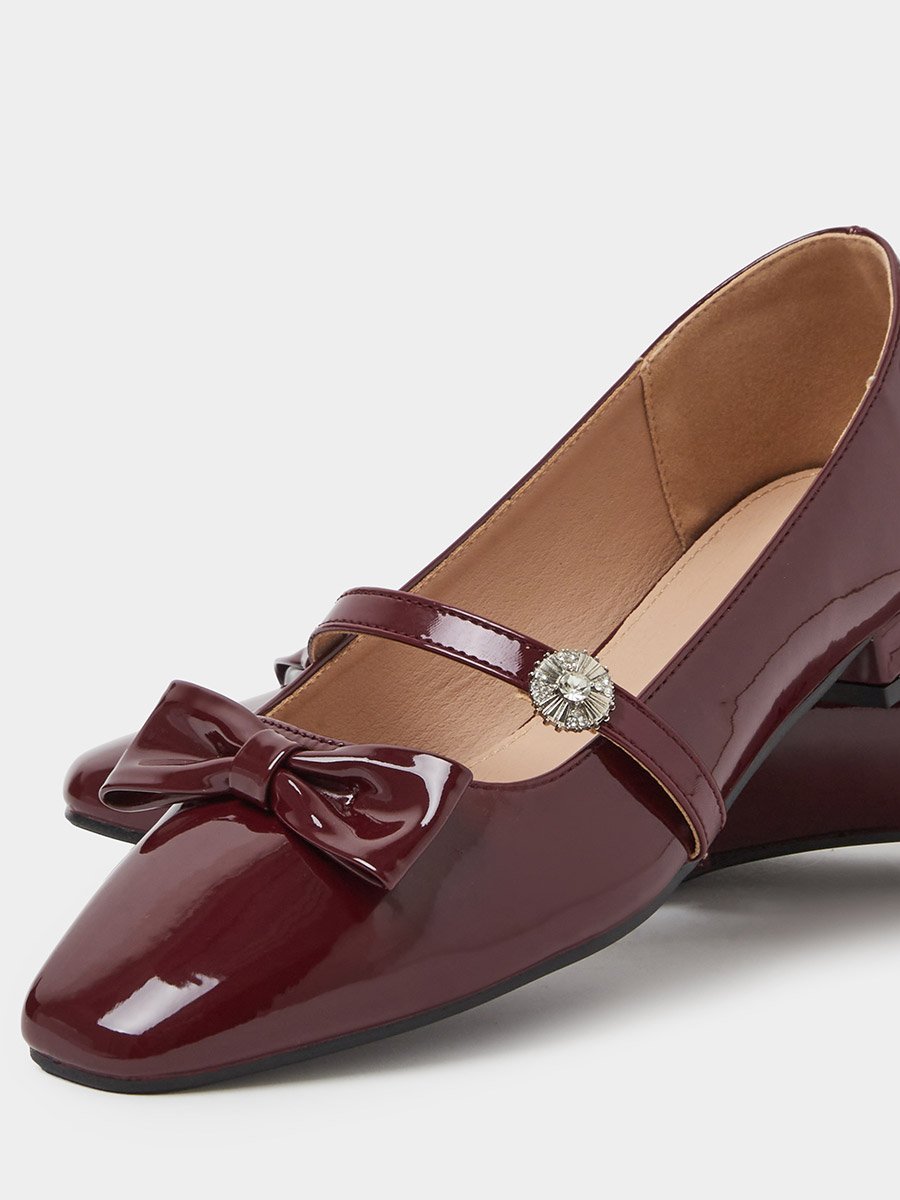 Burgundy Patent Ballerina Flats with Diamante Strap and Bow Detail