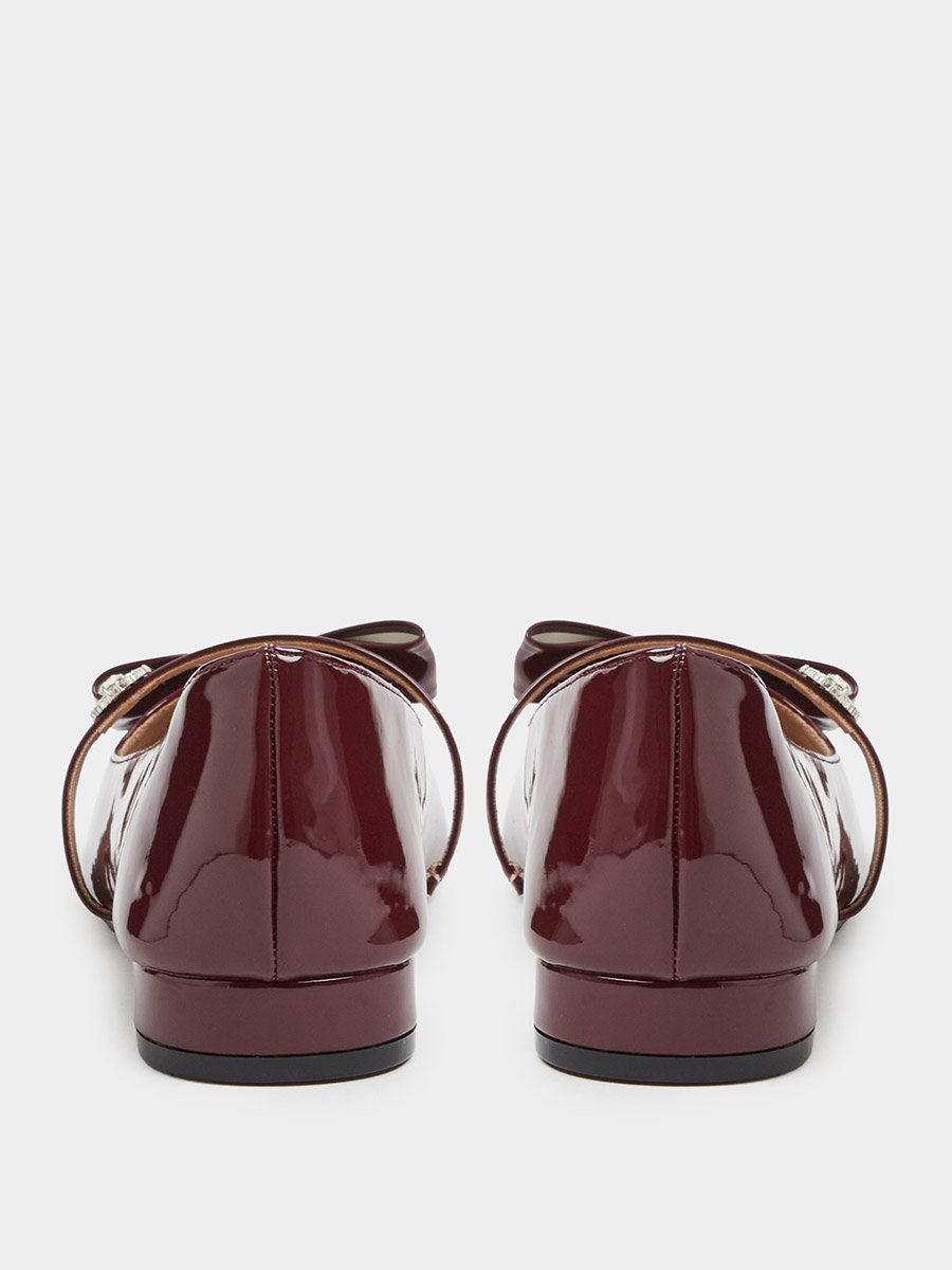 Burgundy Patent Ballerina Flats with Diamante Strap and Bow Detail