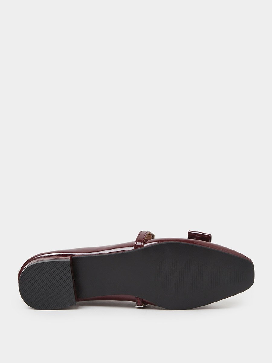 Burgundy Patent Ballerina Flats with Diamante Strap and Bow Detail