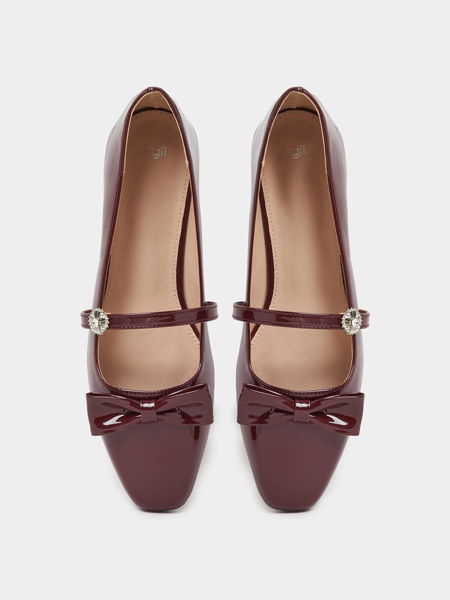 Burgundy Patent Ballerina Flats with Diamante Strap and Bow Detail