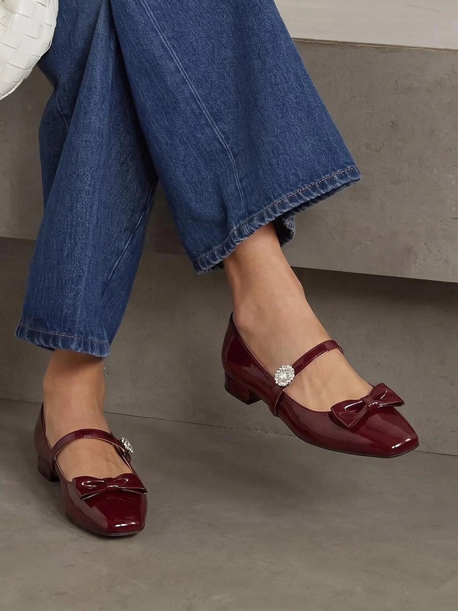 Burgundy Patent Ballerina Flats with Diamante Strap and Bow Detail